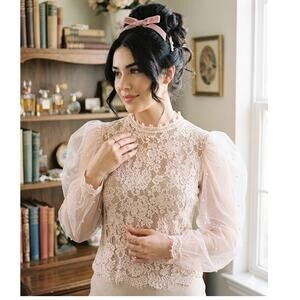 Peach Lace Top Large Blush Pink Puff Sleeve Pearl Embellished